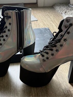 Demonia Holographic Platform Lace-Up Ankle Boots - Silver